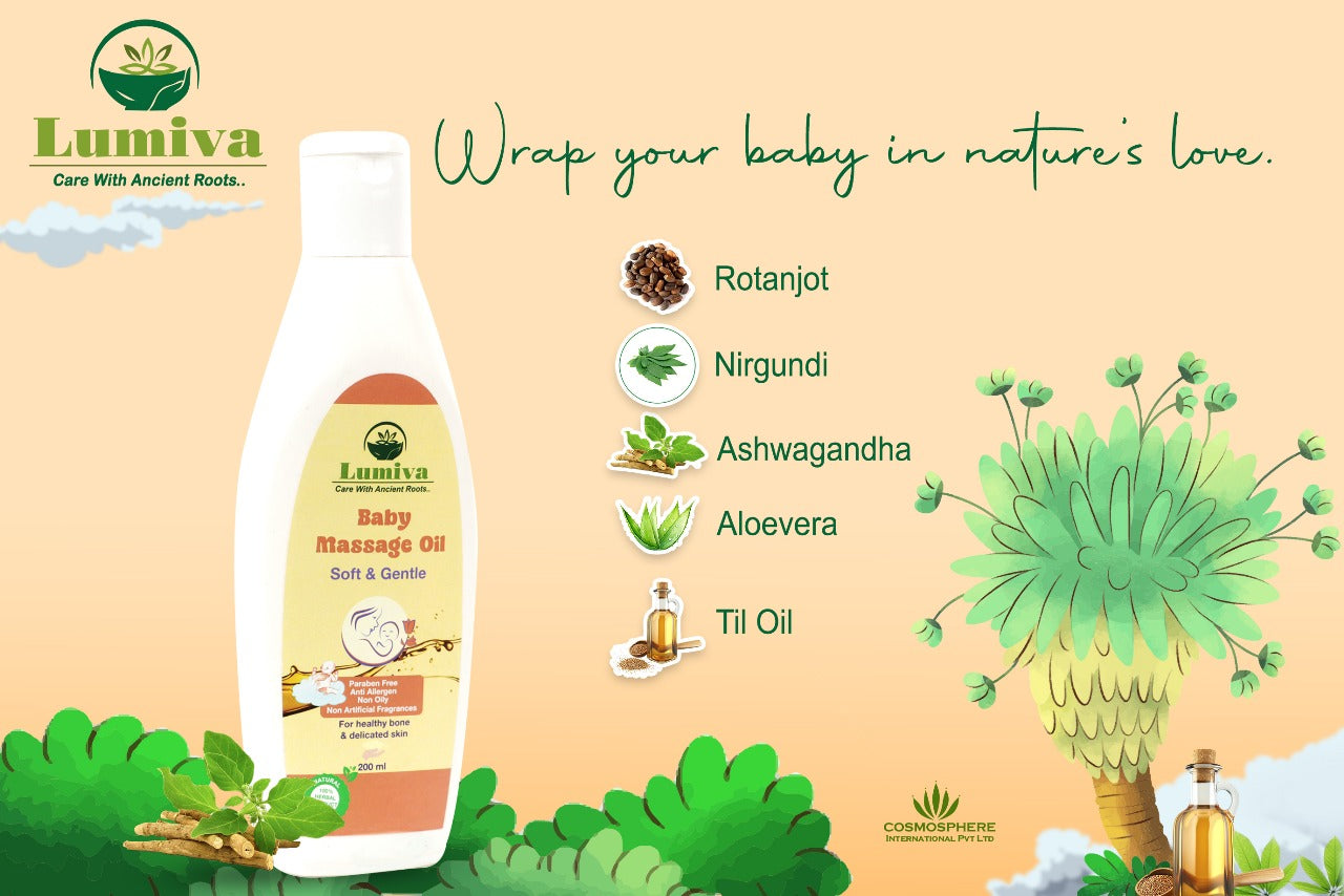 Lumiva baby massage oil bottle with natural ingredients on a beige background