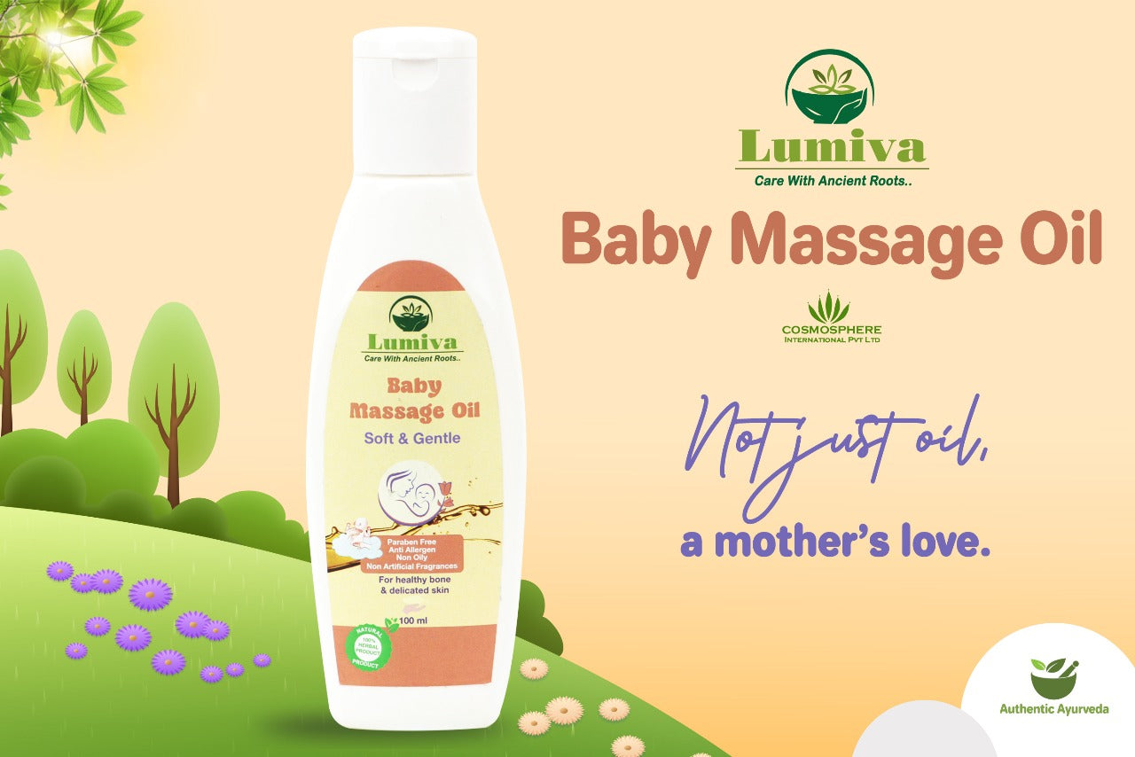 Lumiva baby massage oil bottle with nature-themed background