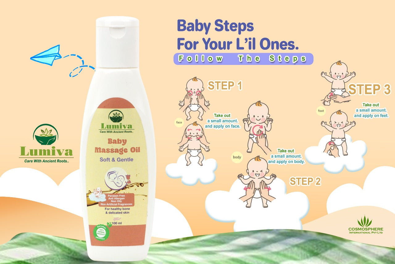 Lumiva baby massage oil bottle with step-by-step guide on a scenic background