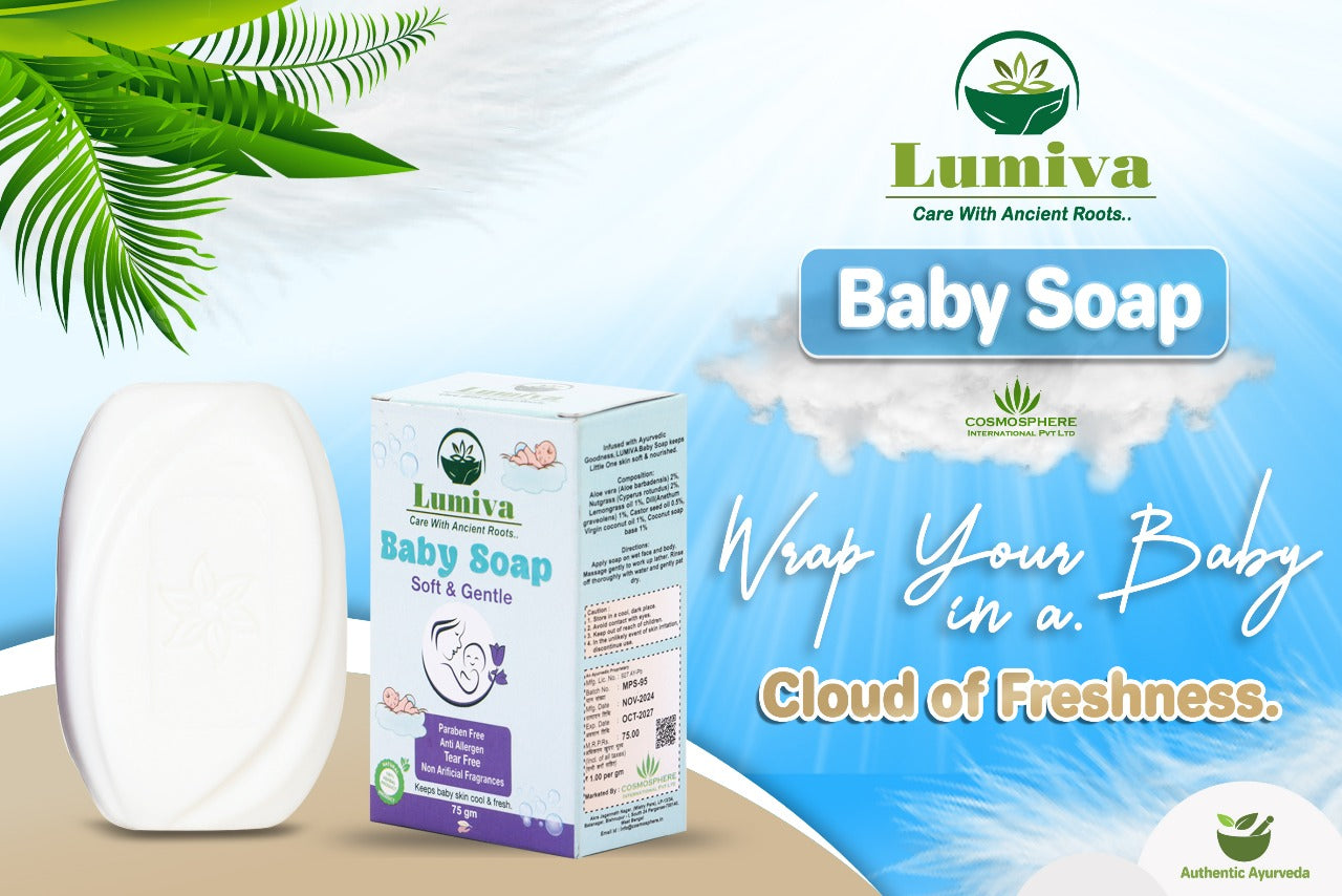 Lumiva baby soap with packaging and promotional text on a scenic background