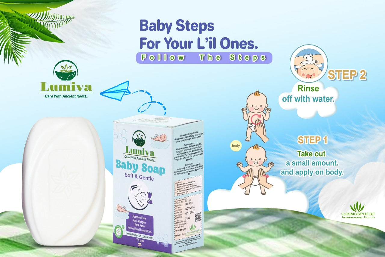 Lumiva baby soap packaging with usage instructions on a blue and green background