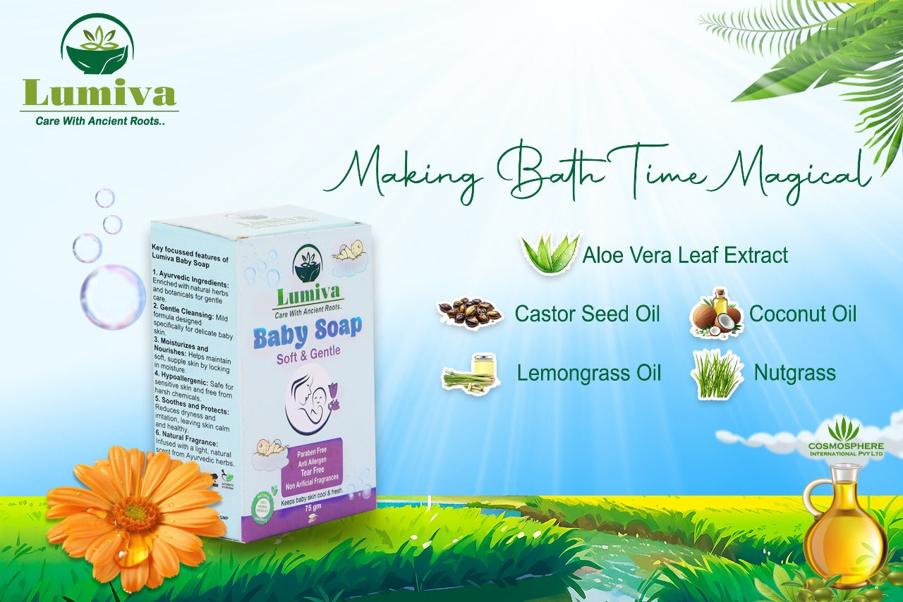 Lumiva baby soap packaging with natural ingredients and scenic background