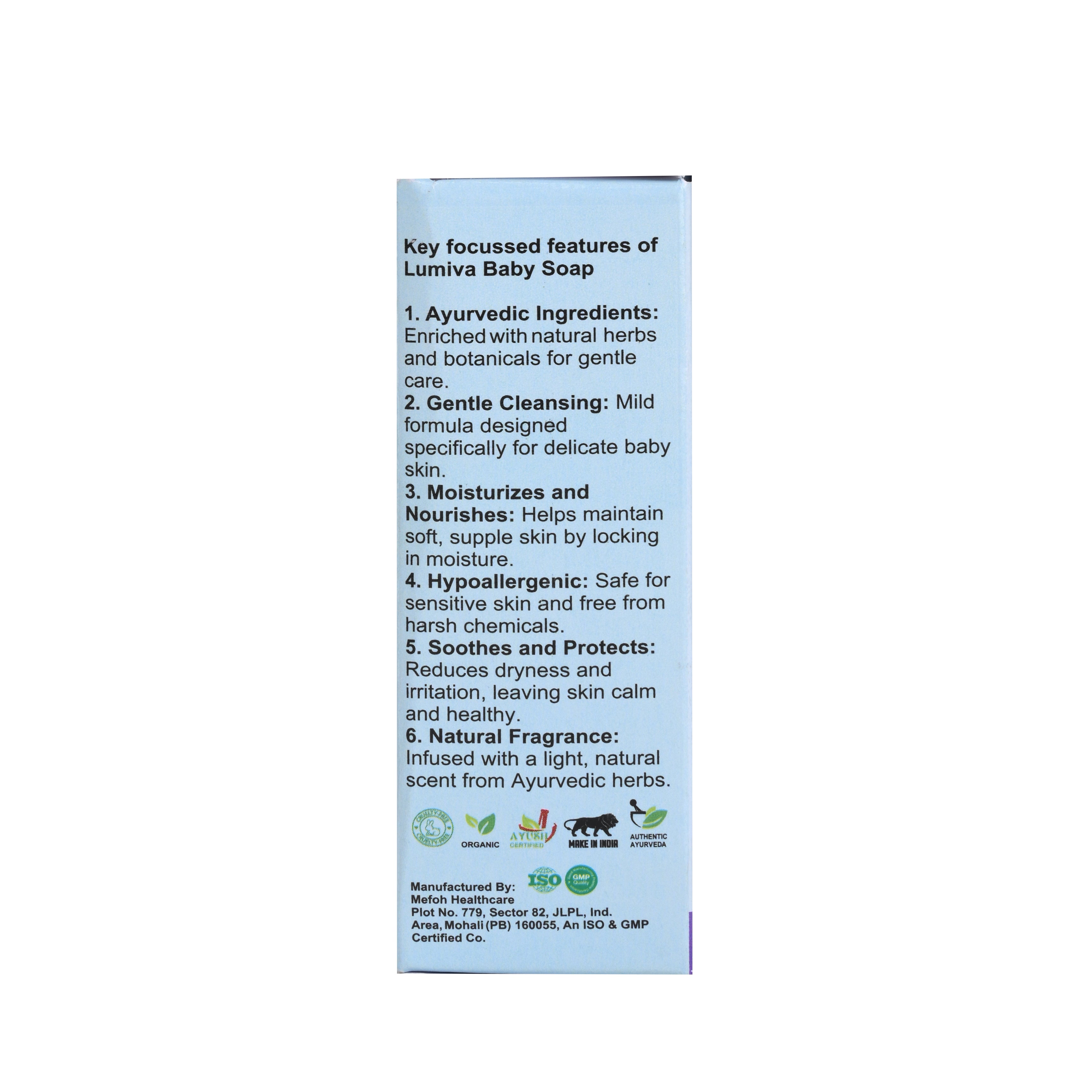 Lumiva Baby Soap packaging with features listed on a white background